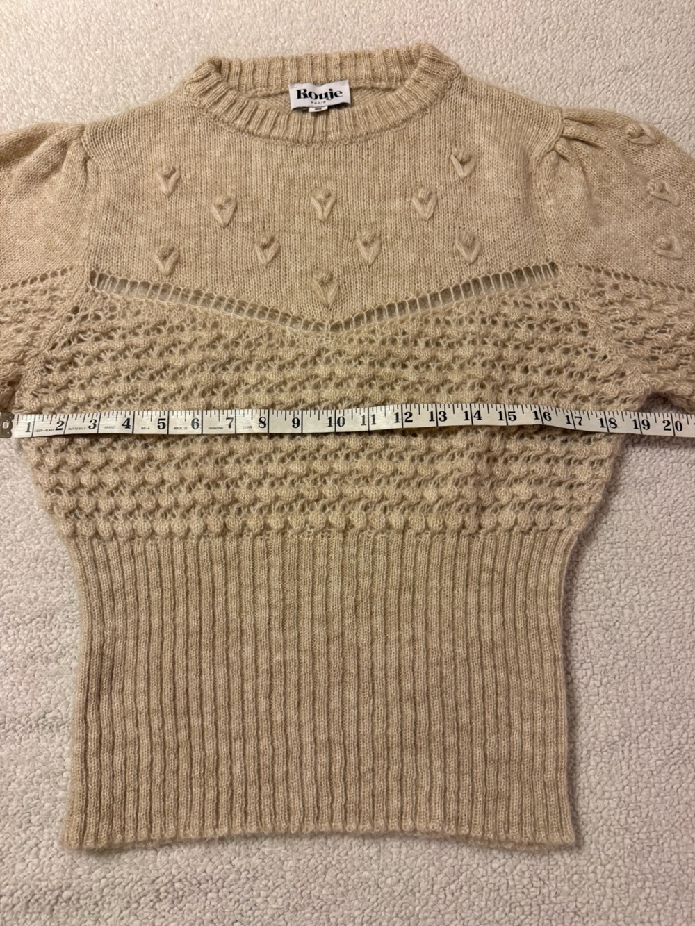 ROUJE Paris Sylvie Knit Jumper Sweater Cream Beige Oatmeal Pointelle Puff Sleeve - Picture 6 of 11